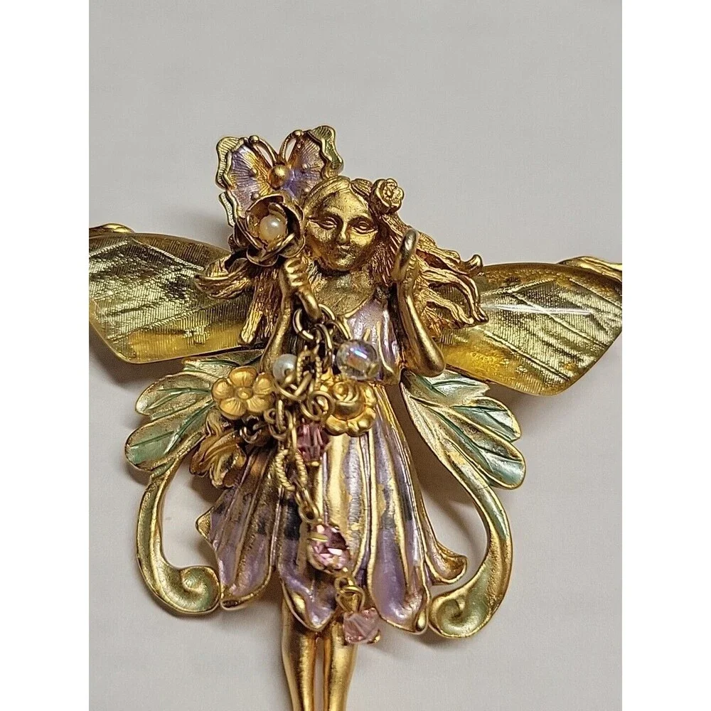Vtg Kirk's Folly Enamel Primrose Flower Magic Garden Fairy Brooch‎ Pin Pendant
